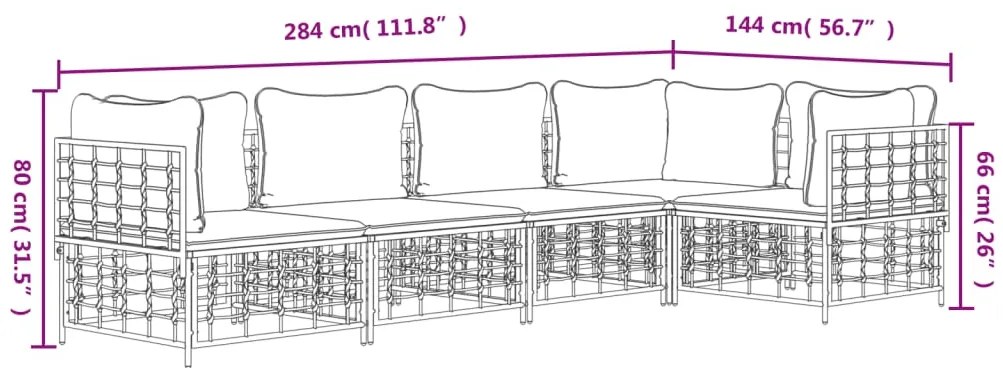 5 pcs conjunto lounge de jardim c/ almofadões vime PE antracite