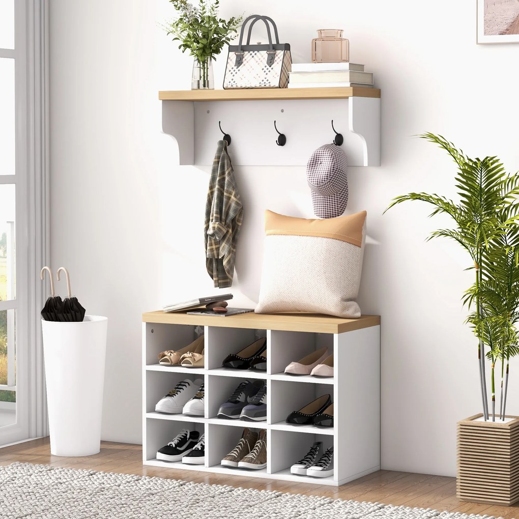 Conjunto de mobiliário para entrada 2 em 1: cabideiro de parede e banco para sapatos, com 3 ganchos e 9 compartimentos abertos, 75 x 30 x 50 cm, branc