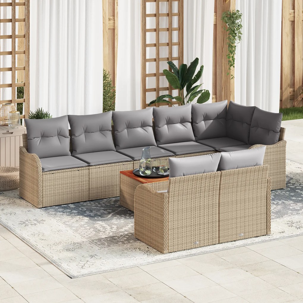 Conjunto de Sofá de Jardim vidaXL de 9 Peças com Almofadas Bege Rattan Poliéster Acácia