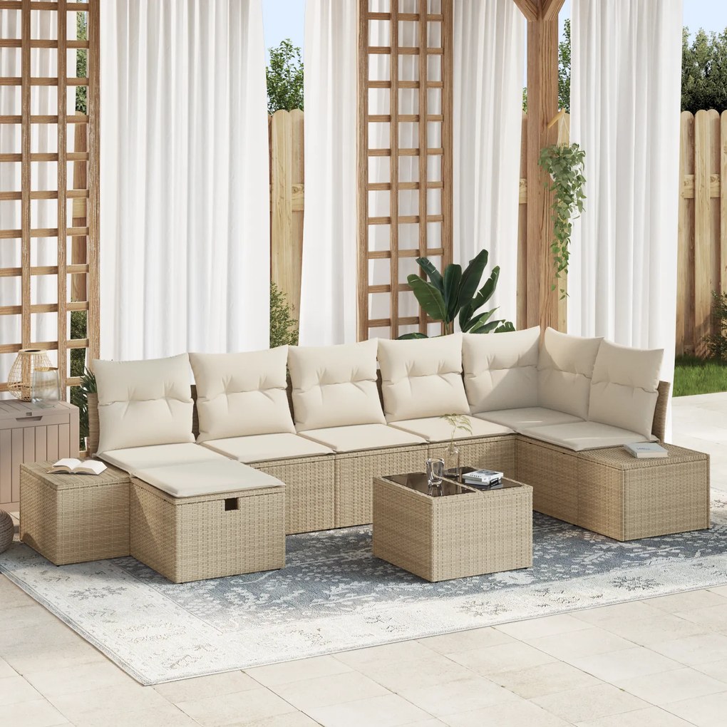 Conjunto de Sofá de Jardim de 8 Peças com Almofadas Bege de Polirattan