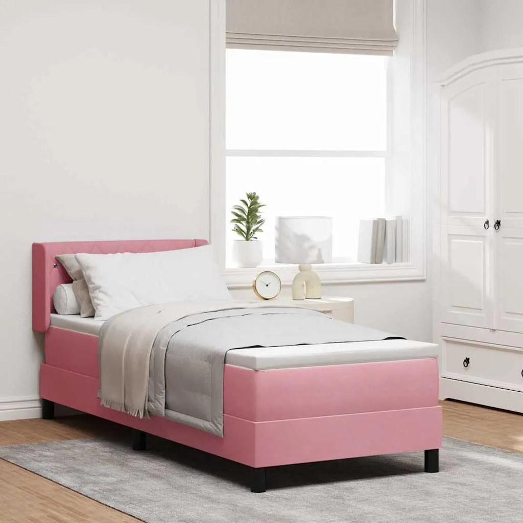 vidaXL Cama Box com colchão com cabeceira Rosa 200 x 80 cm Poliéster