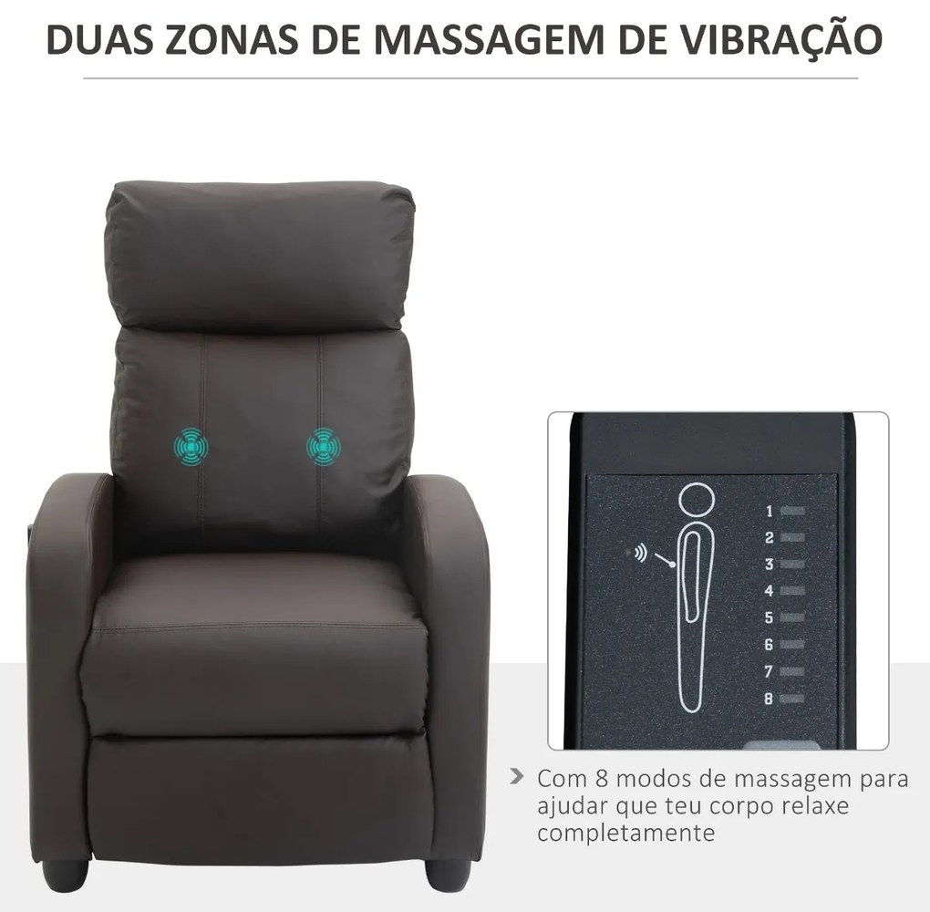 Poltrona de Massagem Poltrona Relax Reinclinável com Controle Remoto 2 Zonas de Massagem 8 Programas 5 Níveis de Intensidade Estofado em PU 68x88x98cm