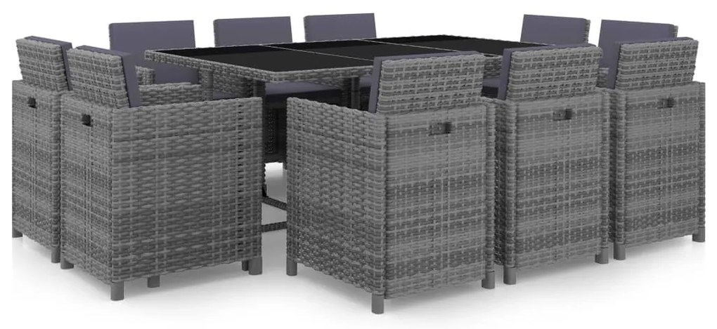 11 pcs conjunto jantar exterior c/ almofadões vime PE cinzento