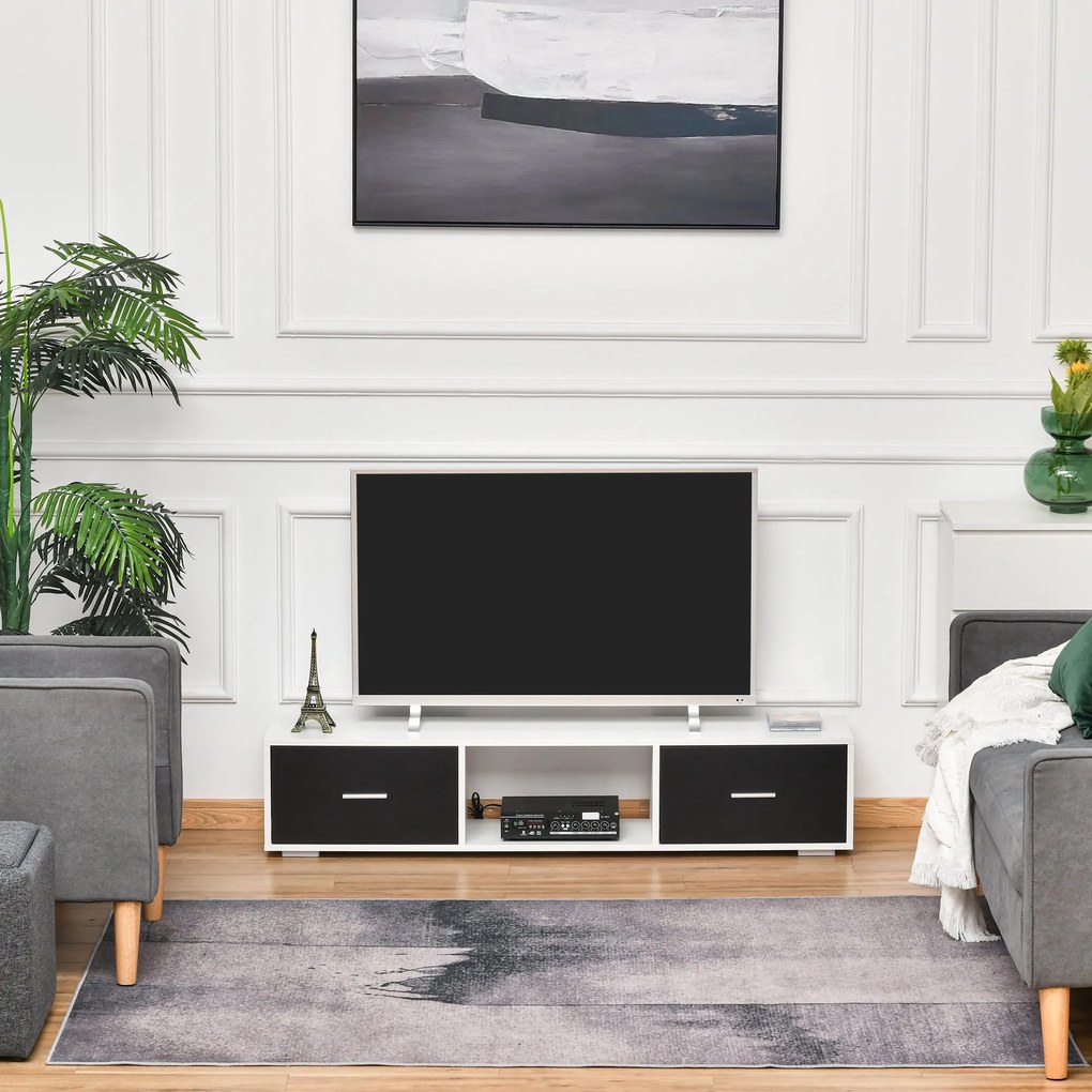 HOMCOM Móvel de TV para Televisores de até 60” Móvel de Sala de Estar Moderno com 2 Gavetas e Compartimento Aberto 140x30x32cm Branco e Preto