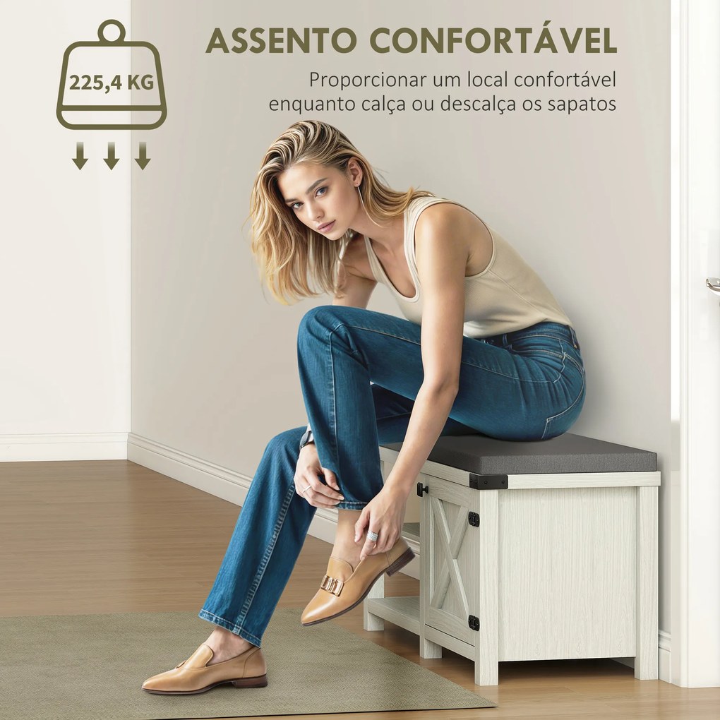 Banco Sapateira Rústico Organizador de Sapatos com Compartimentos para 7 Pares de Sapatos 100x40x48 cm Branco e Cinza