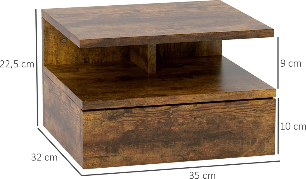 Conjunto de 2 Mesas de Cabeceira Flutuantes com Gaveta e Prateleira Aberta para Sala de Estar, 35x32x22,5 cm Castanho Rústico