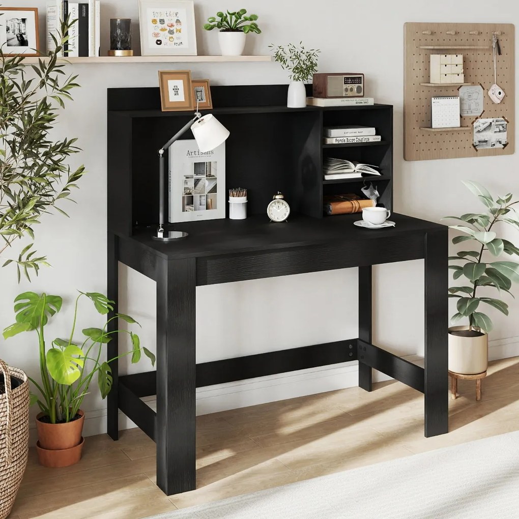 Secretária de computador 108 x 60 x 125 cm com estante com tomadas e orifício para cabos Preta