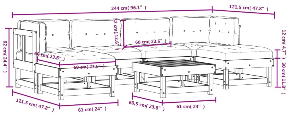 7pcs conjunto lounge jardim c/ almofadões madeira maciça branco
