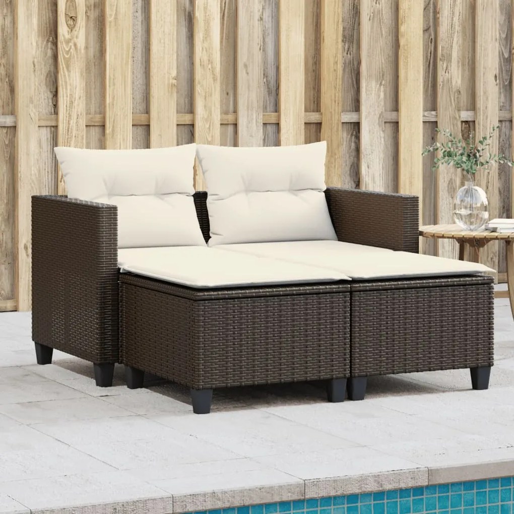 vidaXL Sofá de jardim de 2 lugares com bancos vime PE castanho