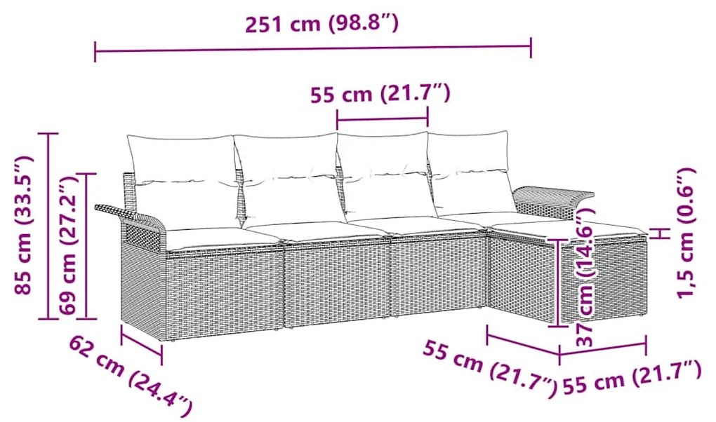 Conjunto de Sofá de Jardim com 5 Peças e Almofadas Pretas em Rattan