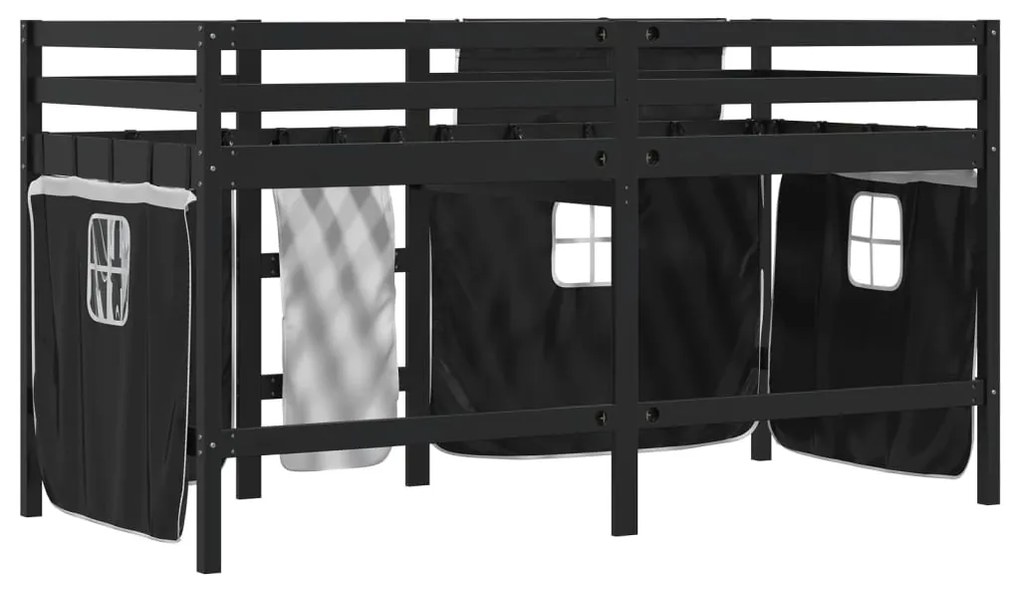 Cama alta criança c/ cortina 80x200cm pinho maciço branco/preto