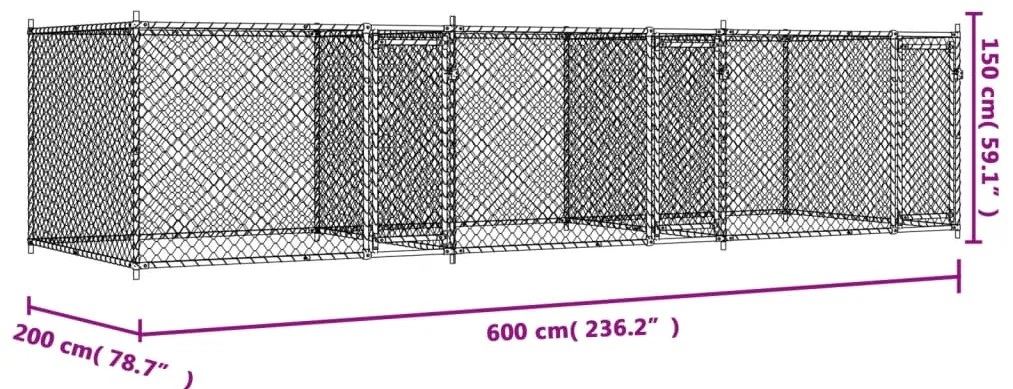 Jaula para cão com portas 6x2x1,5 m aço galvanizado cinzento