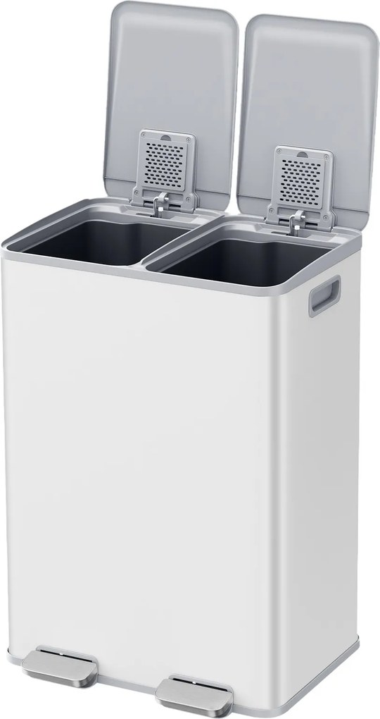 Caixote do lixo para cozinha, 2 x 30 litros, 2 compartimentos 47,6 x 37,7 x 66,9 cm branco
