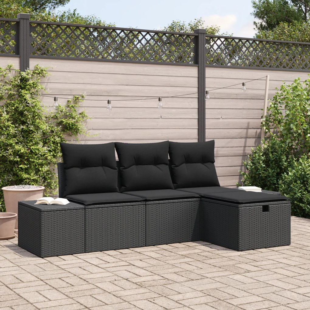 Conjunto de Sofás de Jardim de 4 Peças com Almofadas Preto Polirattan