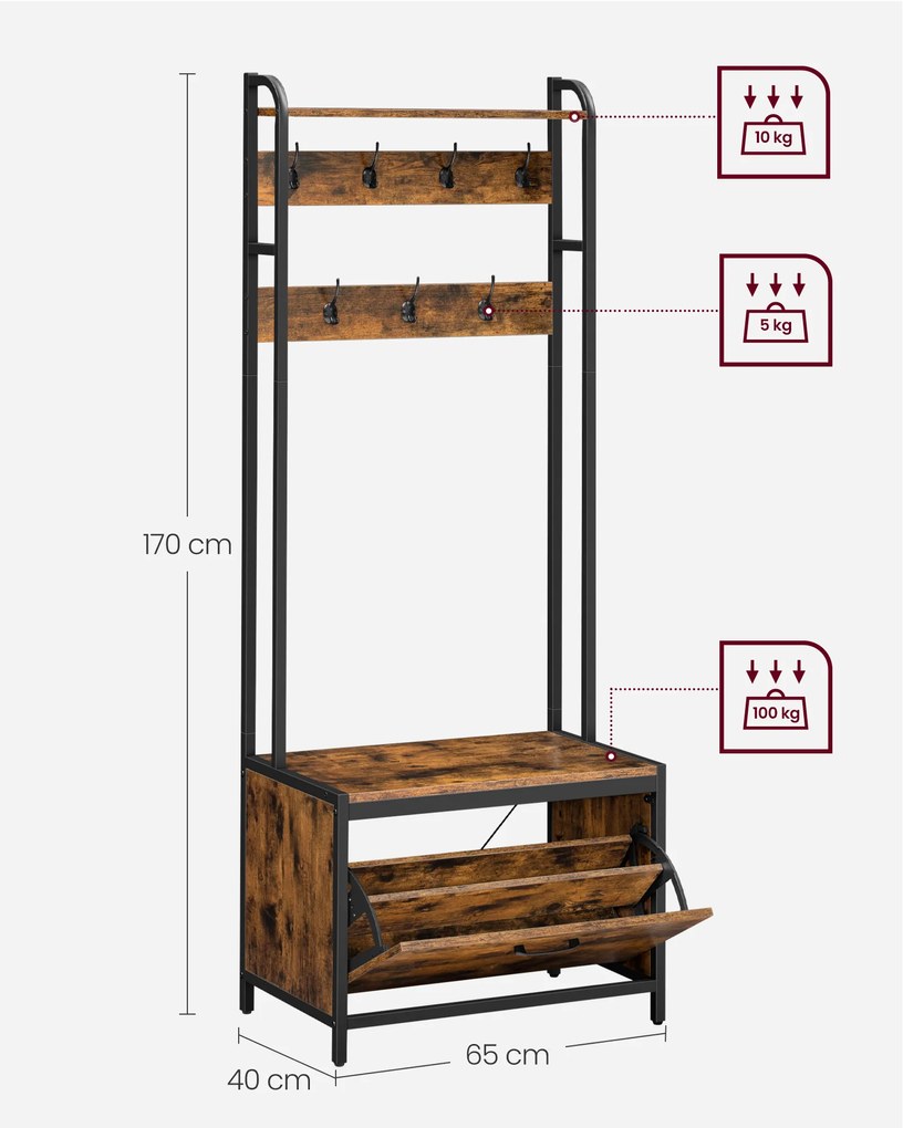 Bengaleiro Hall entrada com sapateira 40 x 65 x 170 cm Castanho vintage-preto