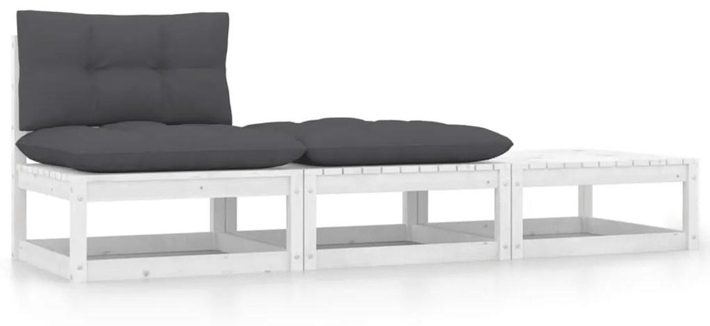 vidaXL 3 pcs conjunto lounge jardim c/ almofadões pinho maciço branco