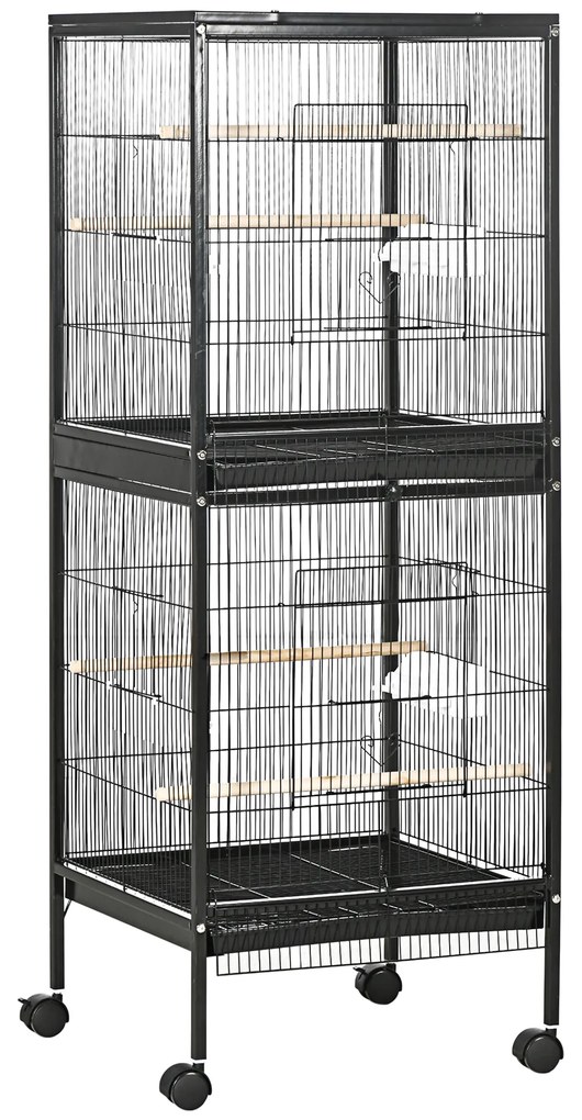 PawHut Gaiola para Pássaros com Rodas de 2 Níveis  com Bandejas Removíveis Portas Comedouros Poleiros 51,5x50x140 cm Preto | Aosom Portugal
