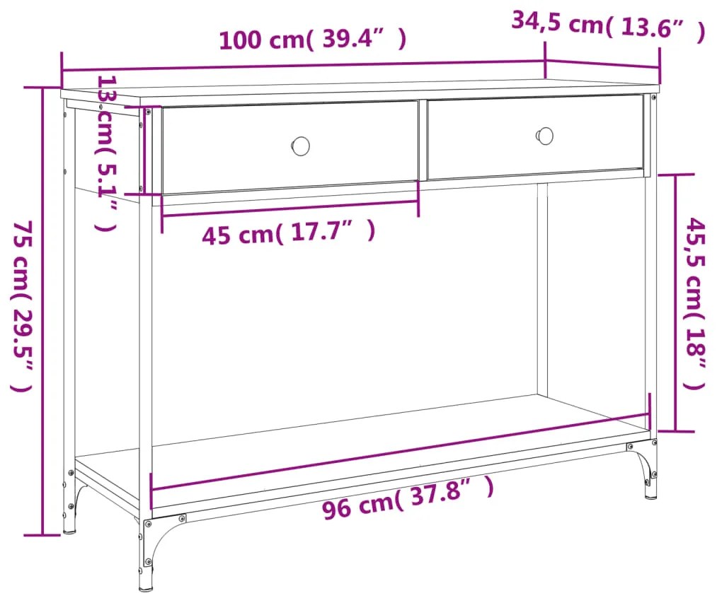 Mesa consola 100x34,5x75cm derivados de madeira cinzento sonoma