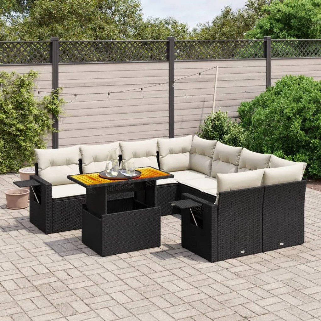 9 pcs conjunto de sofás p/ jardim c/ almofadões vime PE preto