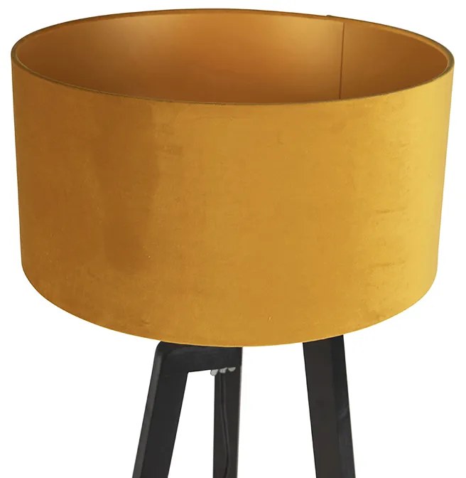 Candeeiro de pé tripé preto com cúpula amarela e dourado 50 cm - Puros Country / Rústico