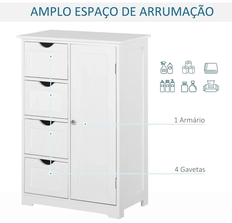 Armário Casa de Banho Móvel Auxiliar Organizador Moderno de Madeira com 1 Armário e Gavetas 56x30x83 cm Branco