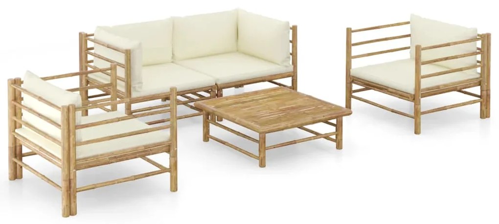 vidaXL 5 pcs conj. lounge p/ jardim em bambu c/ almofadões branco nata