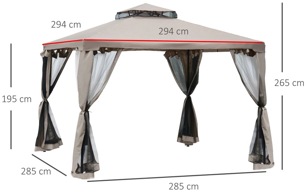 Outsunny Pérgola de Jardim 3x3m Pérgola de Exterior com Duplo Teto de Ventilação 8 Orifícios de Drenagem e 4 Telas Mosquiteiras com Fecho de Correr para Festas Pátio Marrom Cáqui