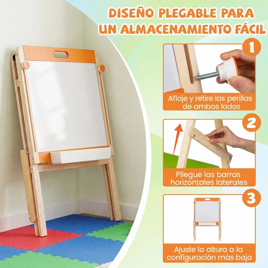Cavalete Infantil de Desenho de Dupla Face, 51 x 48 x 74-106 cm, Altura Ajustável, Natural