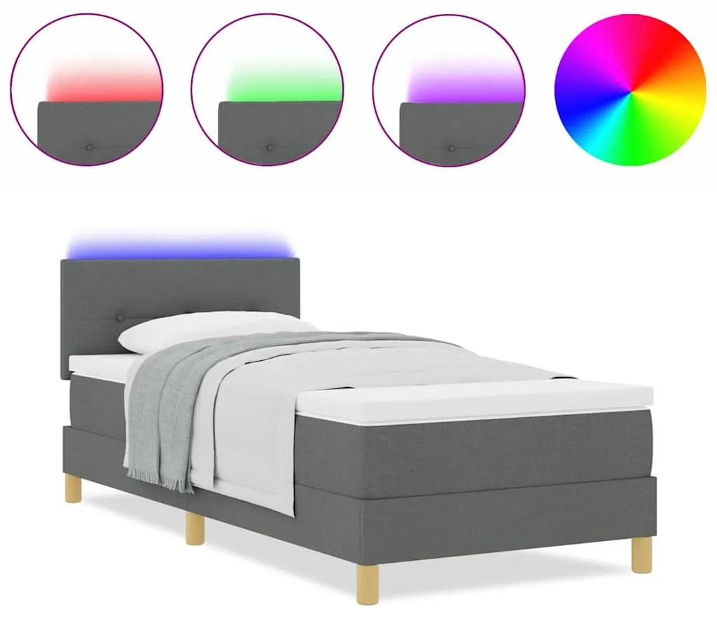 Cama Box Spring com Colchão &amp; LED Cinza Escuro 90x190 cm Tecido