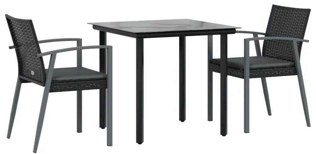 3 pcs conjunto de jantar p/ jardim c/ almofadões vime PE e aço