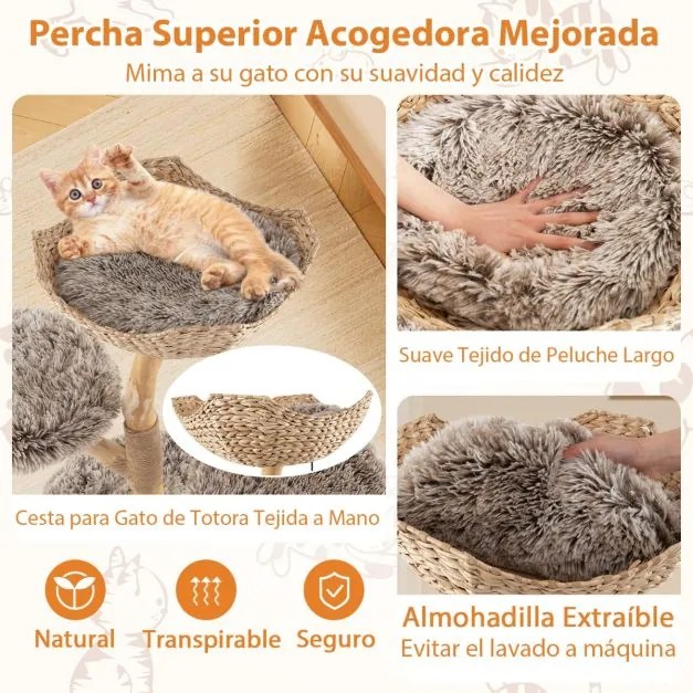 Arranhador para gatos 60 x 105 cm com tronco de pereira sólido com plataforma de galhos com postes para arranhar em sisal natural