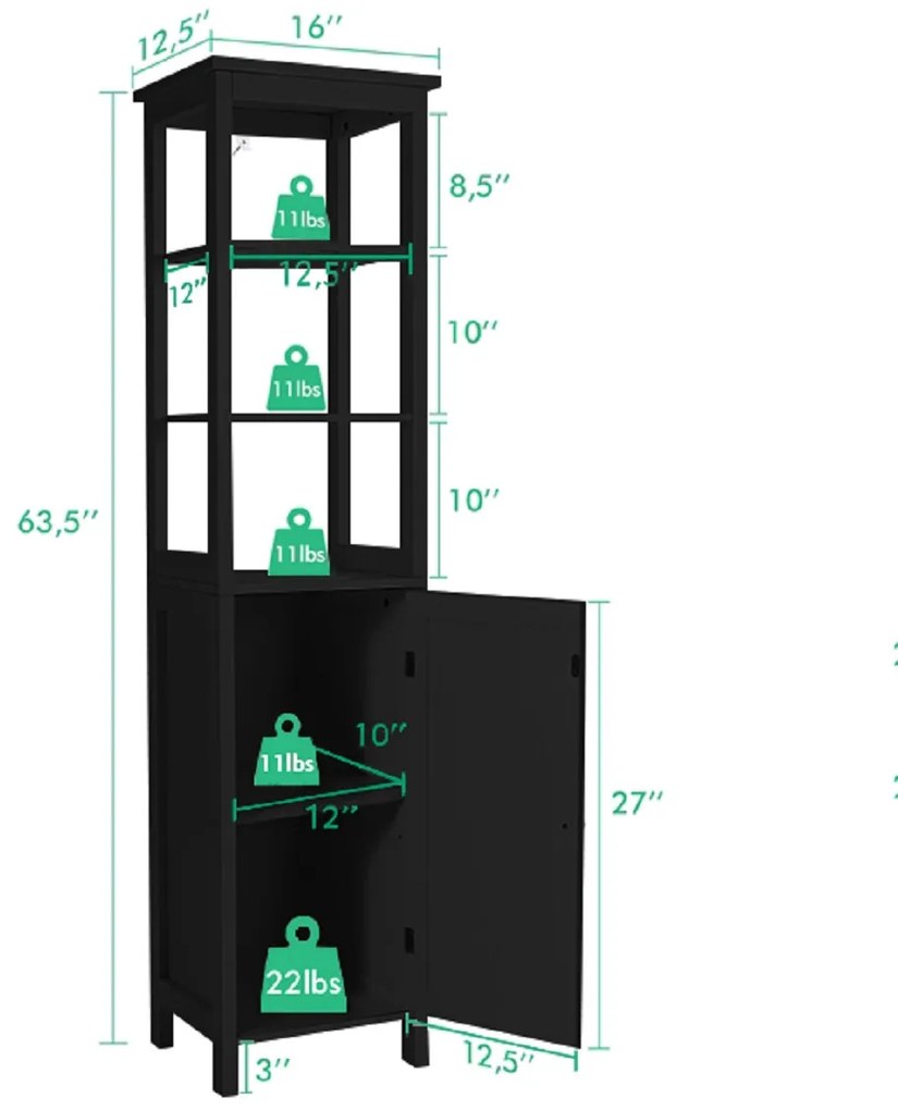 Armário de casa de banho estreito com 3 níveis Estante e 1 porta Armário organizador fino para sala de estar Cozinha 40 x 32 x 161,5 cm Preto