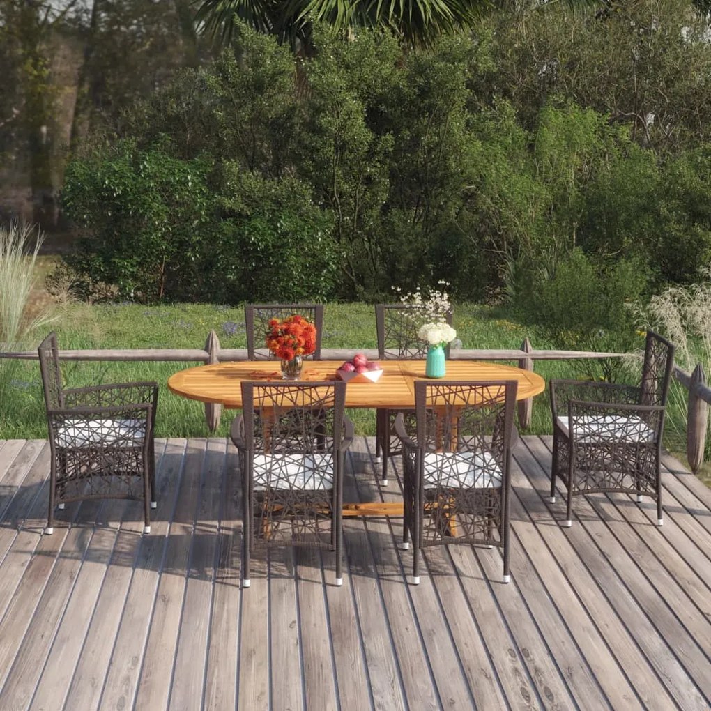 vidaXL 7 pcs conjunto de jantar para jardim vime PE castanho