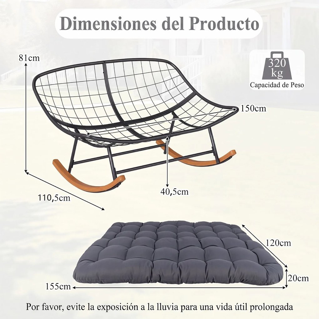 Cadeira de Baloiço Dupla, 150 x 110,5 x 81 cm, Estrutura Metálica Reforçada, Cinzento