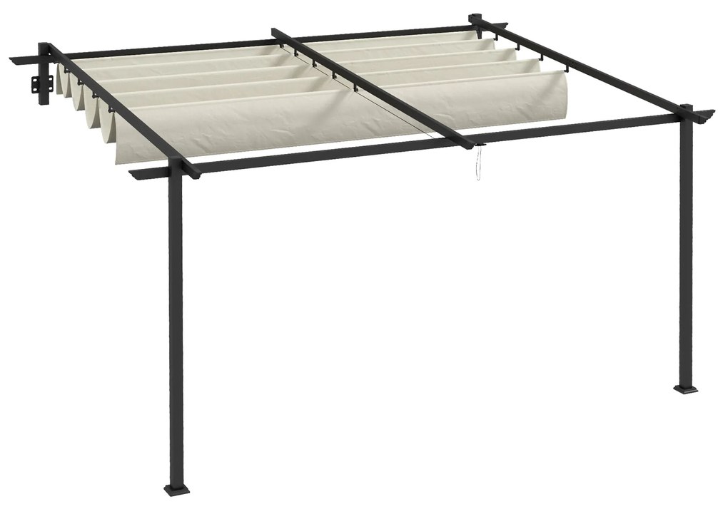 Pérgola de Parede 4x3 m Pérgola de Jardim com Teto Retrátil de Poliéster e Estrutura de Aço Creme e Cinza Escuro