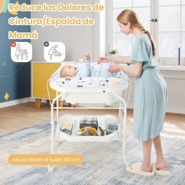 Troca-fraldas com banheira, portátil e dobrável, almofada em PVC, bandeja de armazenamento com 4 rodas universais, branco