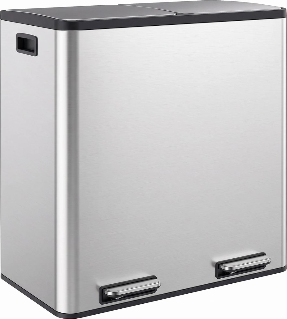 HOMCOM Lixeira de cozinha 2 x 30 L, Lixeira com pedal em aço inox com recipientes internos removíveis e tampas soft-close, prata | Aosom Portugal