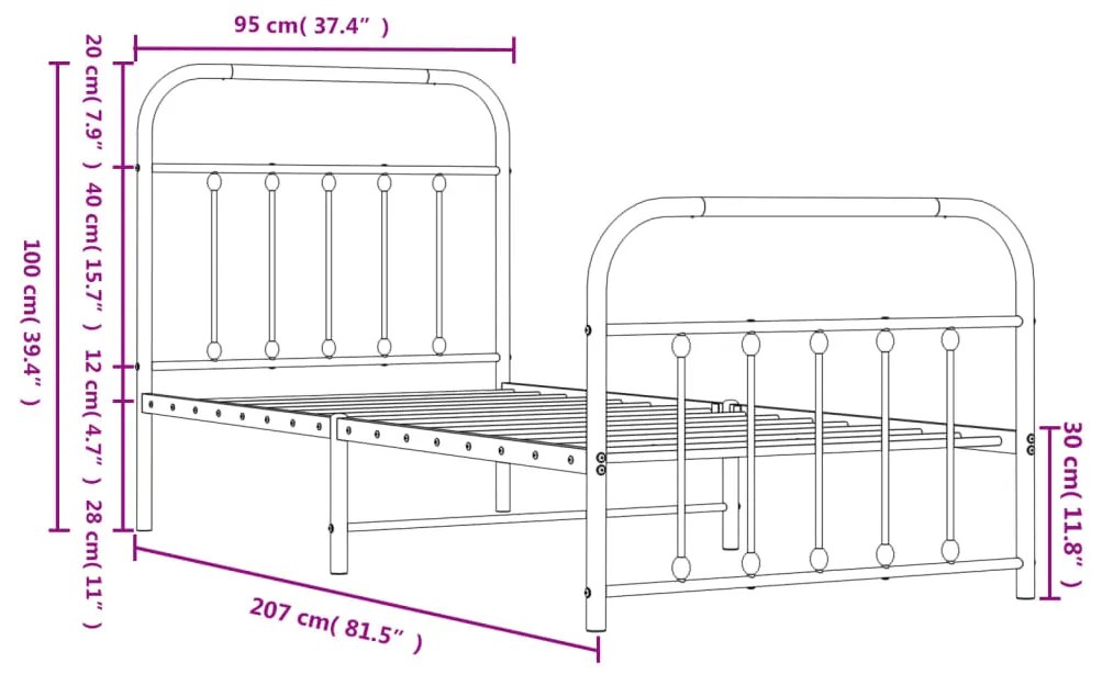 Estrutura de cama com cabeceira e pés 90x200 cm metal branco