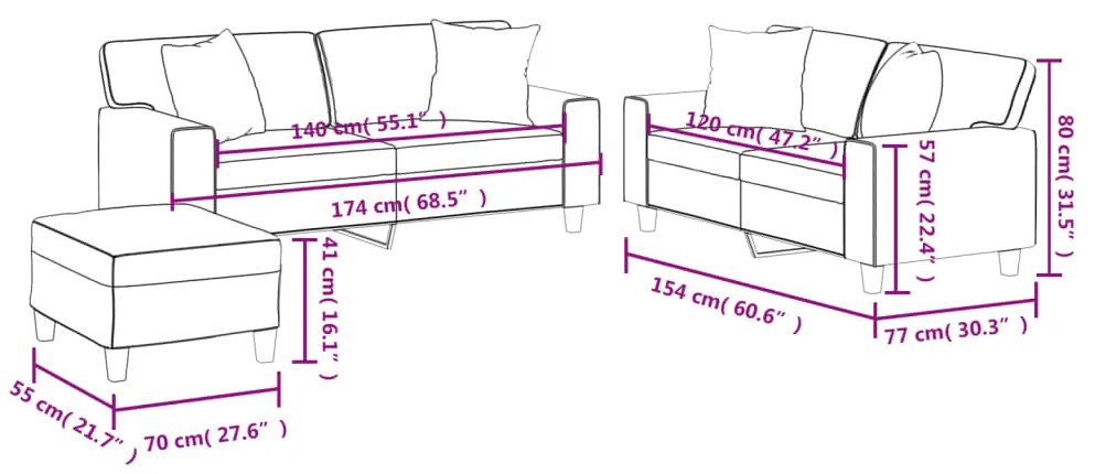 3 pcs conjunto sofás c/ almofadas couro artificial cappuccino