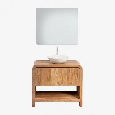 Conjunto De Móvel De Casa De Banho Em Madeira Vacry Castanho Acácia & Cimento Redondo Branco Ø40 Cm Zavion & Led Retangular E Anti-embaciamento 80x70