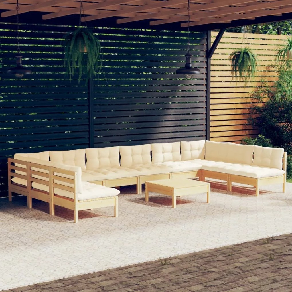 vidaXL 11 pcs conjunto lounge jardim c/ almofadões creme pinho maciço