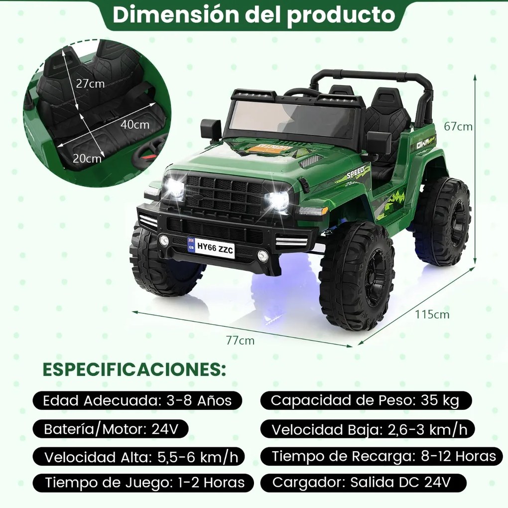 Carro Elétrico para Crianças de 2 Lugares com Bateria 24V com Controlo Remoto Bluetooth Música Luzes LED Verde