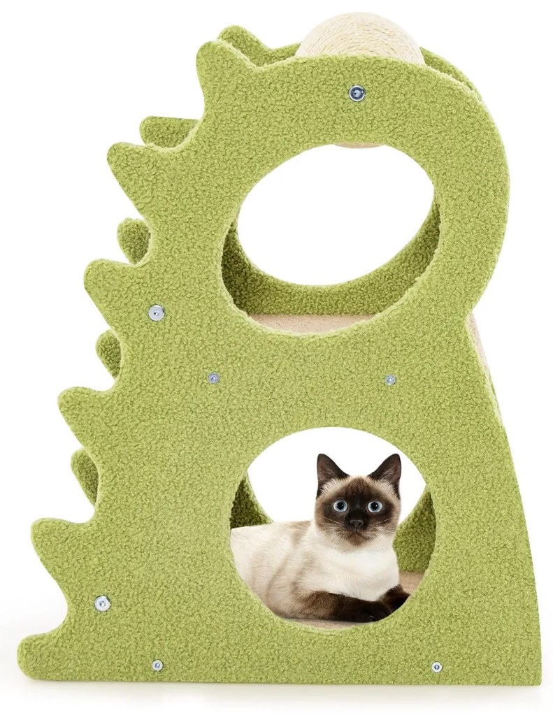 Arranhador moderno para gatos de interior com 2 níveis, bola giratória para arranhar, tecido felpudo e suporte para trepar verde e bege