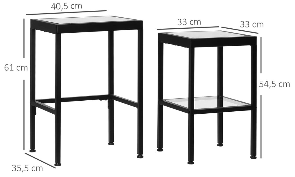 Conjunto de 2 Mesas de Centro Mesas Auxiliares com Estrutura de Aço e Bancada de Vidro Temperado para Sala de Estar Escritório 40,5x35,5x61cm e 33x33x