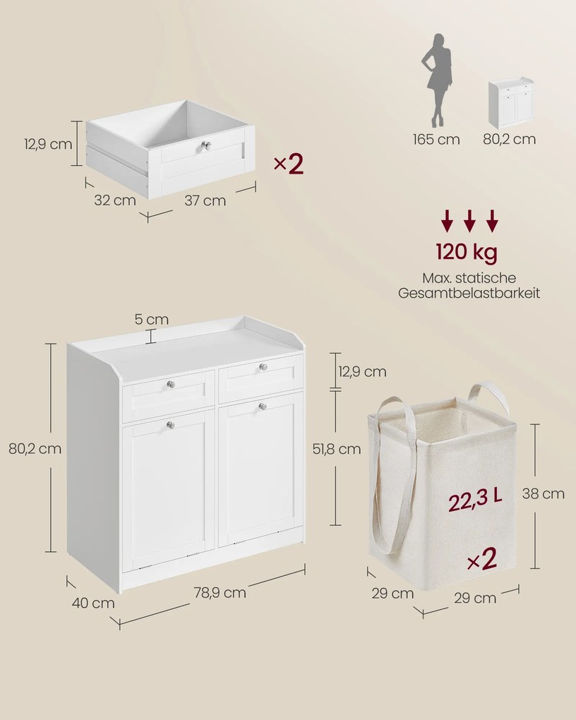Armário de casa de banho com cestos para roupa suja e gavetas 40 x 78,9 x 80,2 cm branco