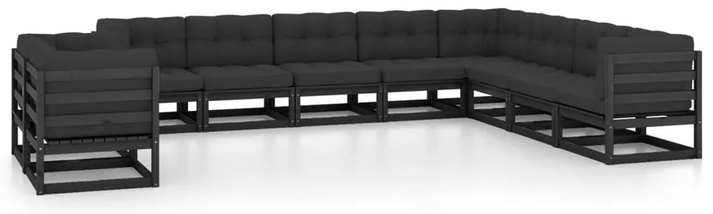 10 pcs conjunto lounge jardim c/ almofadões pinho maciço preto