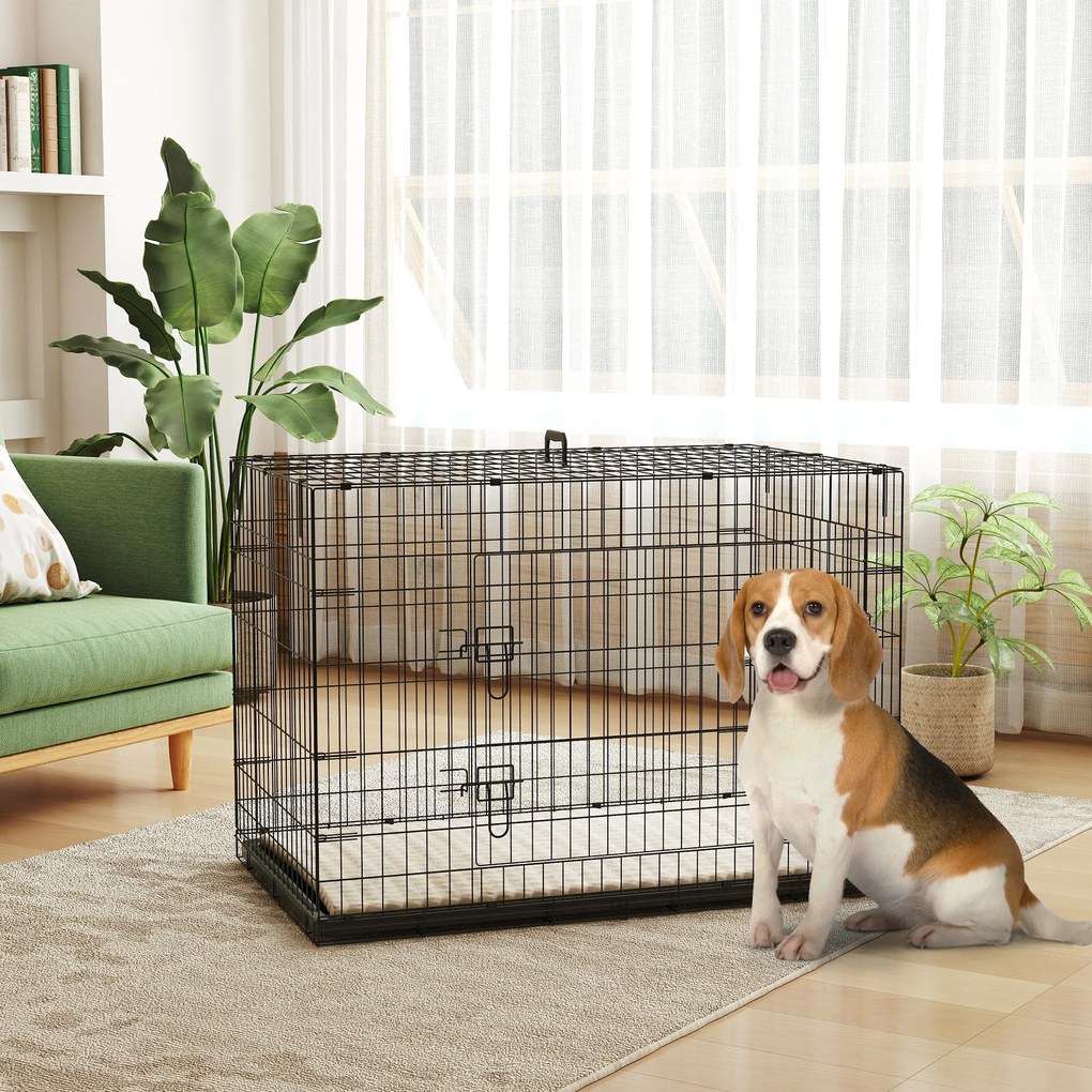 Gaiola de transporte dobrável para cães com pega, tabuleiro removível e almofada incluída – 105 x 70 x 75 cm – preta