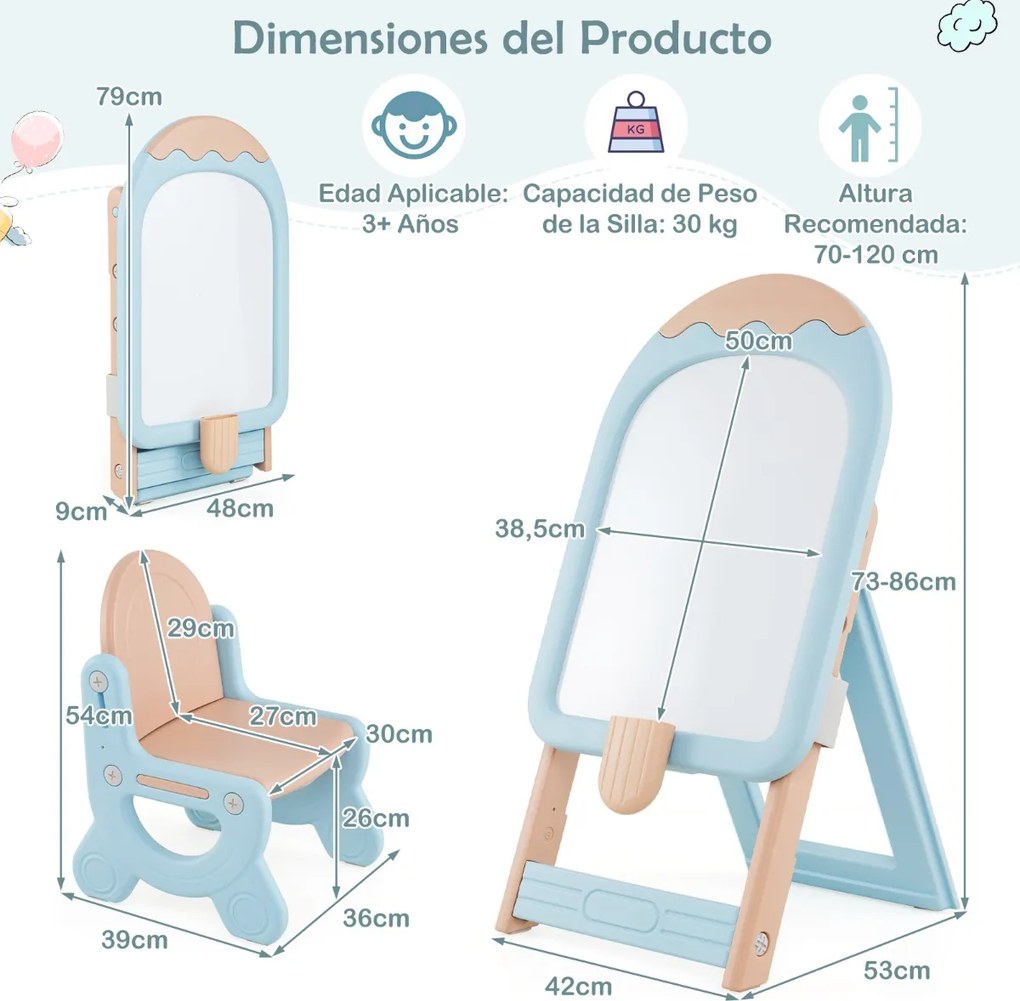 Cavalete de arte dobrável com altura ajustável, cadeira, marcadores, apagador a seco e brinquedos magnéticos azul