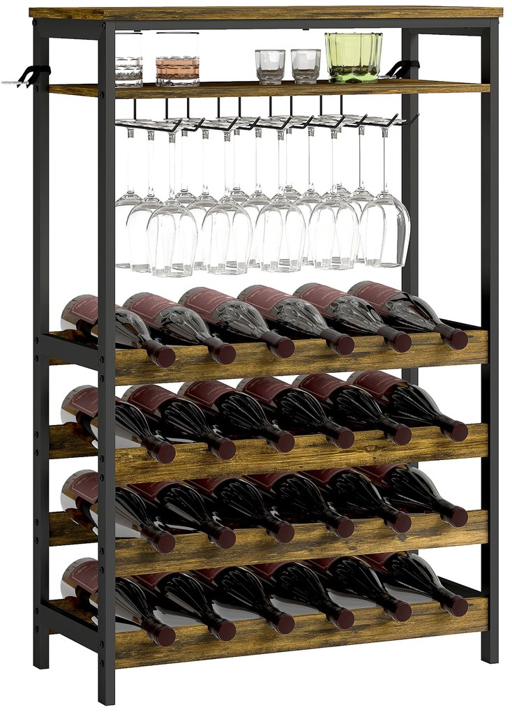 Garrafeira para Vinho para 24 Garrafas Estilo Industrial com Suporte para Copos e Prateleira Aberta 66x30x100,3 cm Castanho Rústico