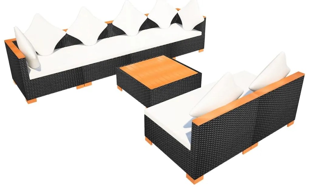 7 pcs conjunto lounge de jardim c/ almofadões vime PE preto